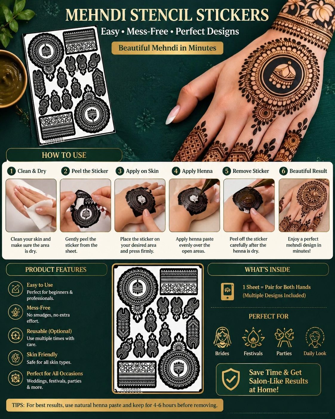 Instant Mehndi Stencil Stickers – Perfect Bridal Designs in Minutes (No Skill Needed)