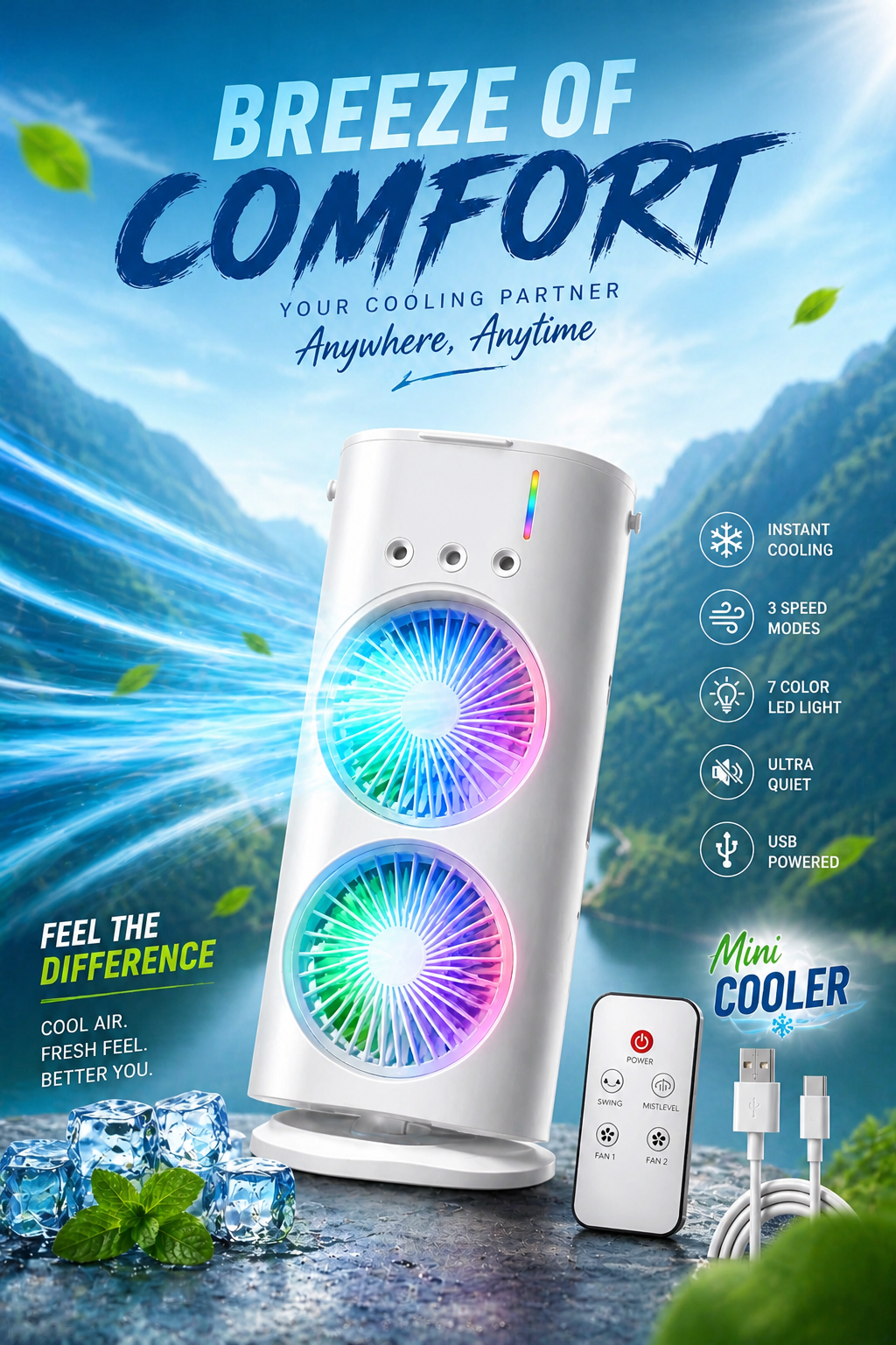 Mini Air Cooler with Remote & USB